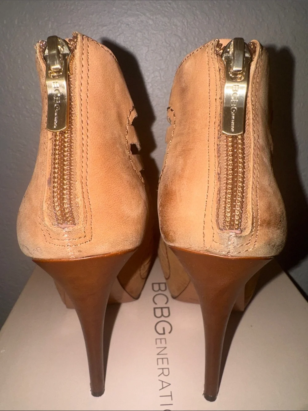 BCBGeneration Tan Cutout Stiletto Ankle Booties